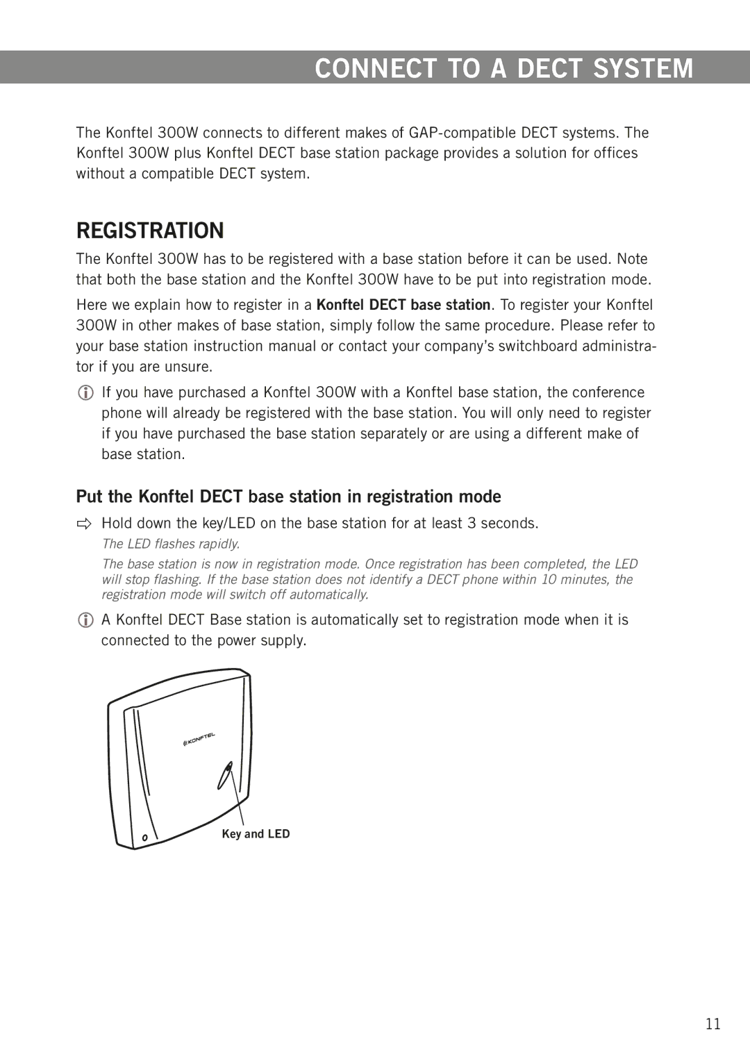 Konftel 300W manual Connect to a Dect system, Registration, Put the Konftel Dect base station in registration mode 