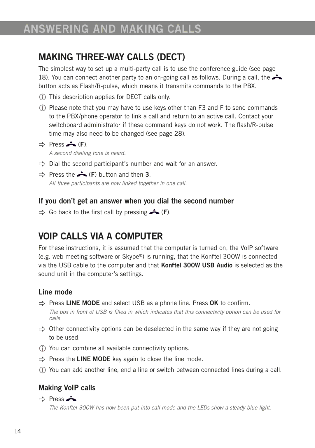 Konftel 300W manual Answering and making calls, Making three-way calls Dect, VoIP calls via a computer 