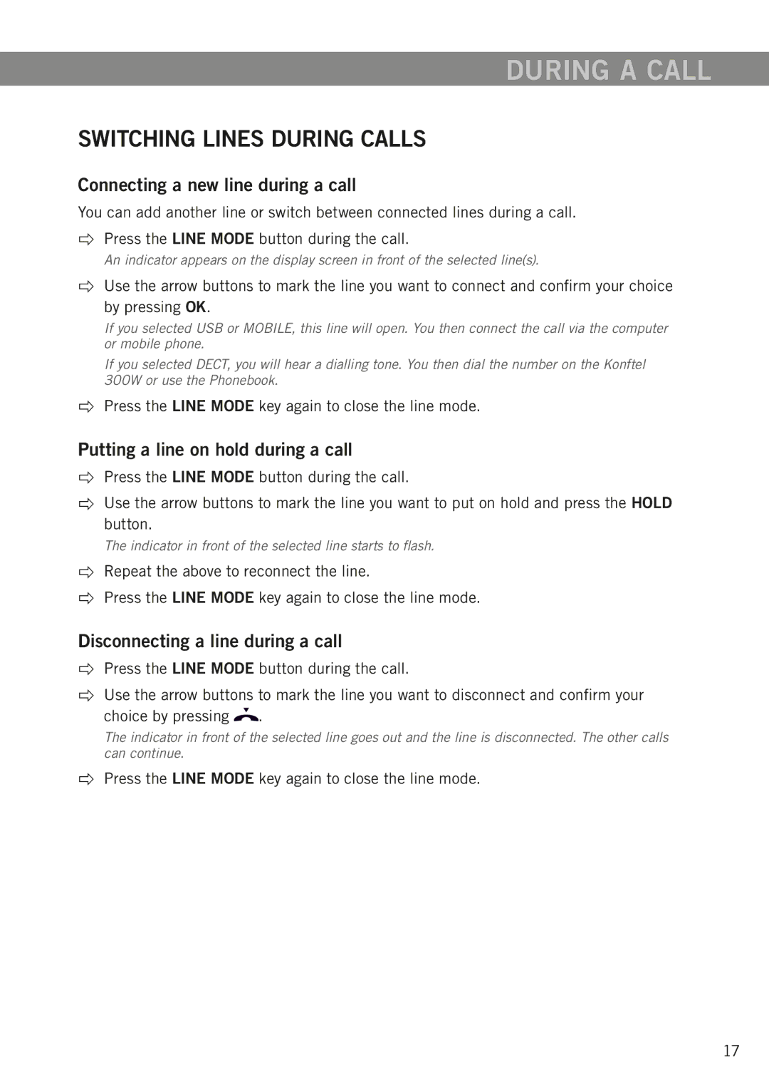 Konftel 300W manual During a call, Switching lines during calls, Connecting a new line during a call 