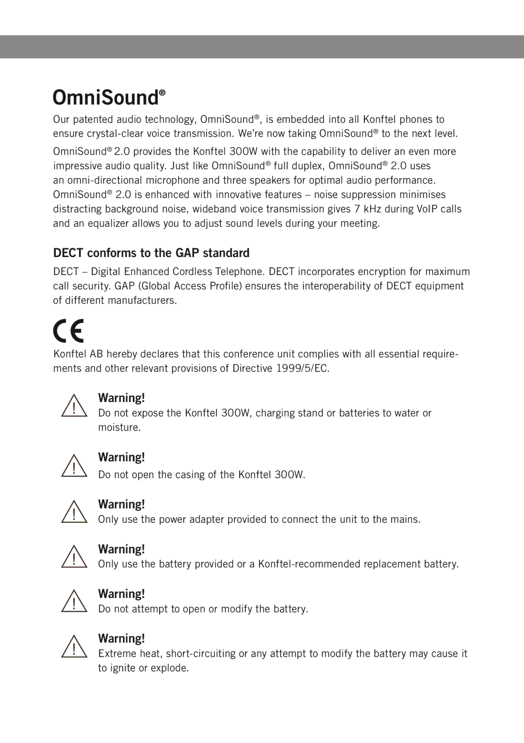 Konftel 300W manual Dect conforms to the GAP standard 