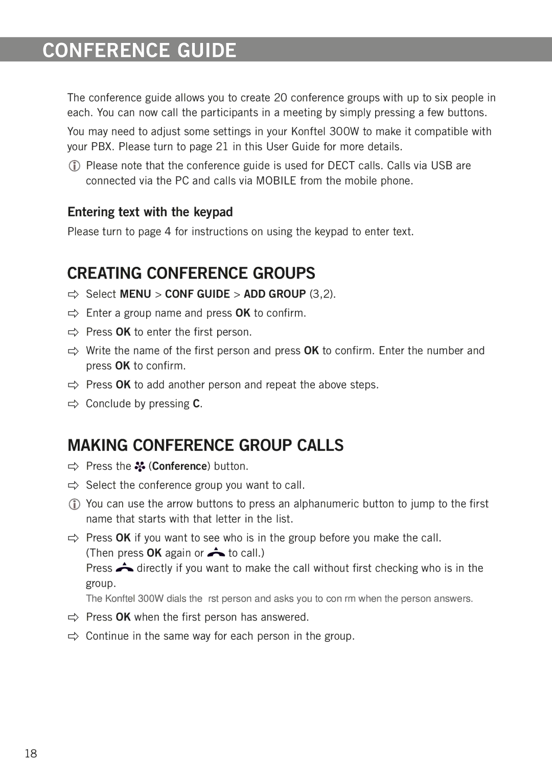 Konftel 300W Conference guide, Creating conference groups, Making conference group calls, Entering text with the keypad 