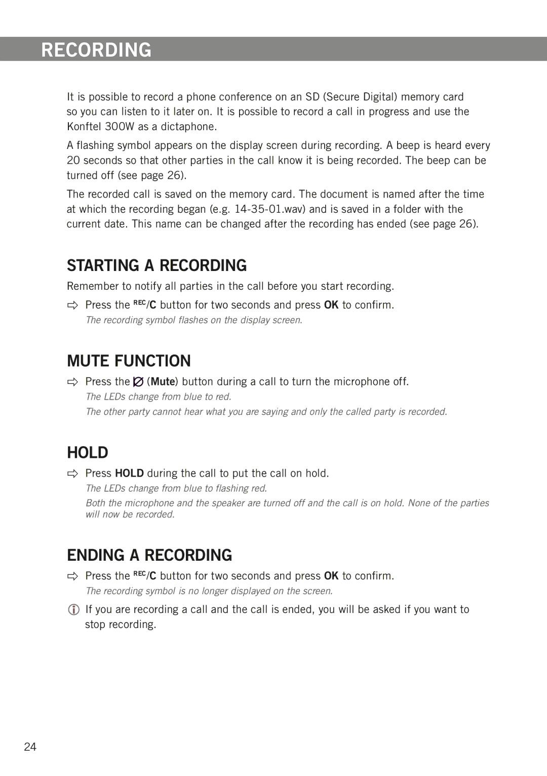 Konftel 300W manual Recording, Starting a recording, Mute function, Hold, Ending a recording 