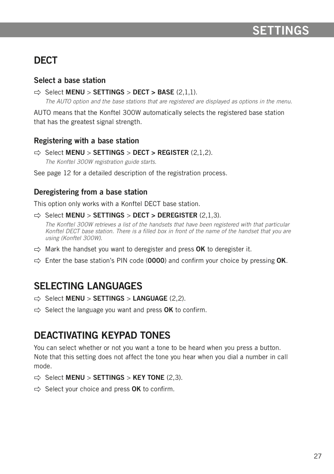 Konftel 300W manual Settings, Selecting languages, Deactivating keypad tones 