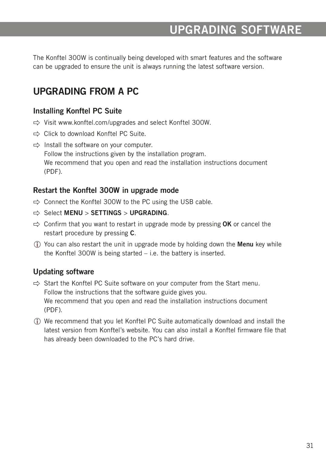 Konftel 300W manual Upgrading software, Upgrading from a PC, Installing Konftel PC Suite, Updating software 