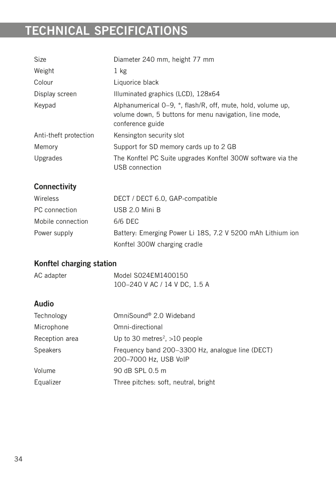 Konftel 300W manual Technical specifications, Connectivity, Konftel charging station, Audio 