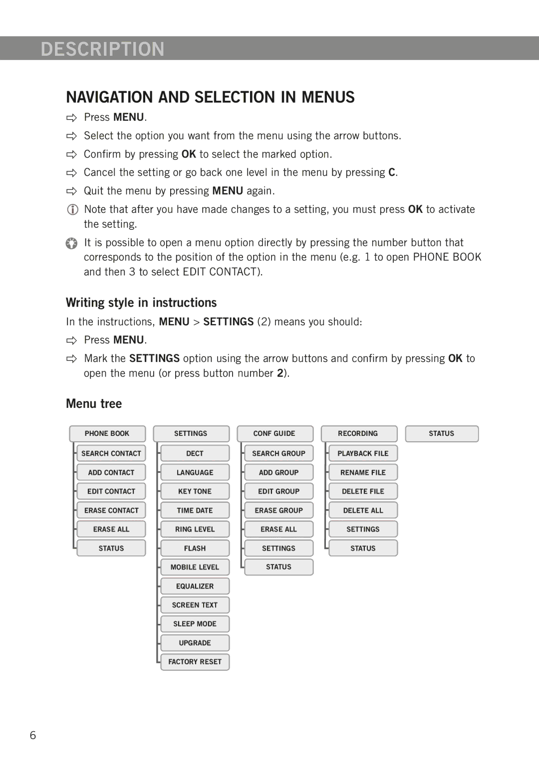 Konftel 300W manual Navigation and selection in menus, Writing style in instructions, Menu tree 