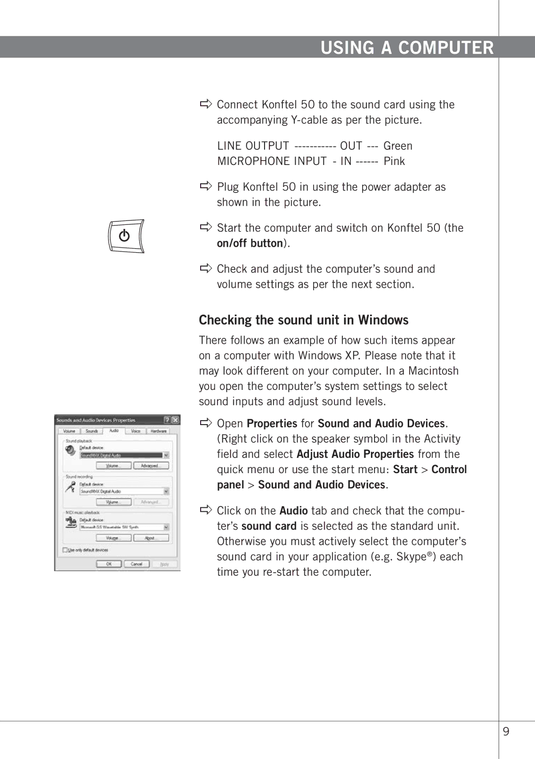 Konftel 50 manual Using a computer, Checking the sound unit in Windows 