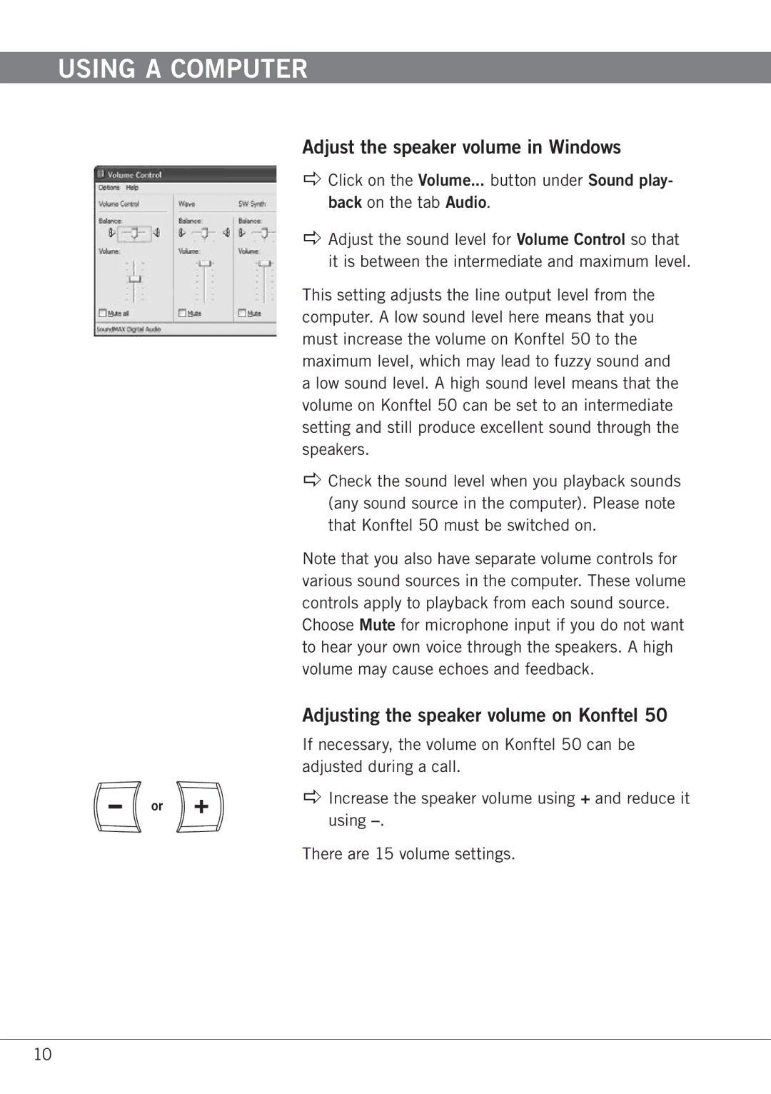 Konftel 50 manual Adjust the speaker volume in Windows, Adjusting the speaker volume on Konftel 