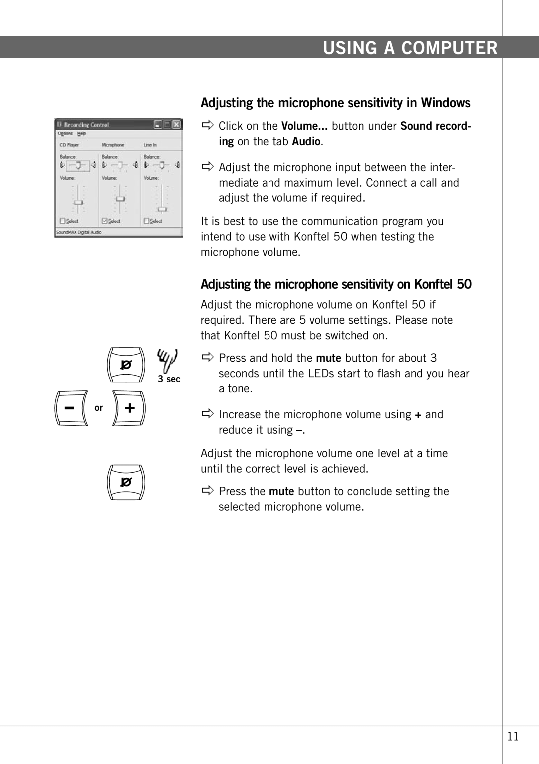 Konftel 50 manual Adjusting the microphone sensitivity in Windows, Adjusting the microphone sensitivity on Konftel 