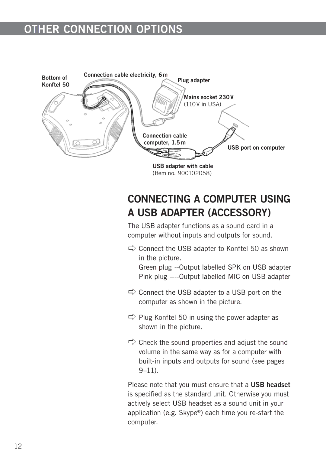 Konftel 50 manual Other connection options, Connecting a computer using a USB Adapter accessory 