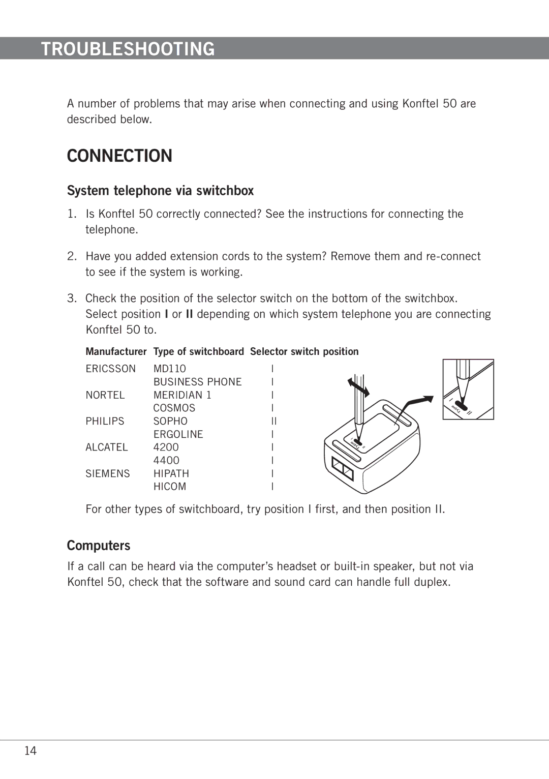 Konftel 50 manual Troubleshooting, Connection, System telephone via switchbox, Computers 