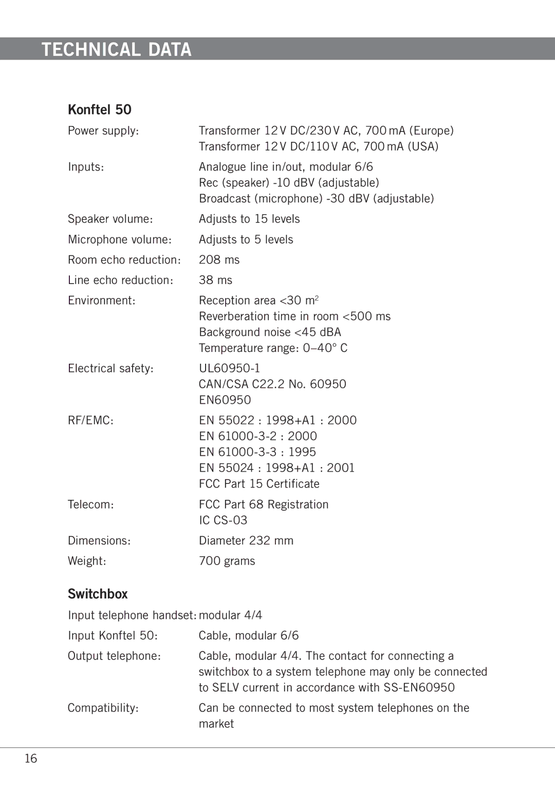 Konftel 50 manual Technical data, Konftel, Switchbox 