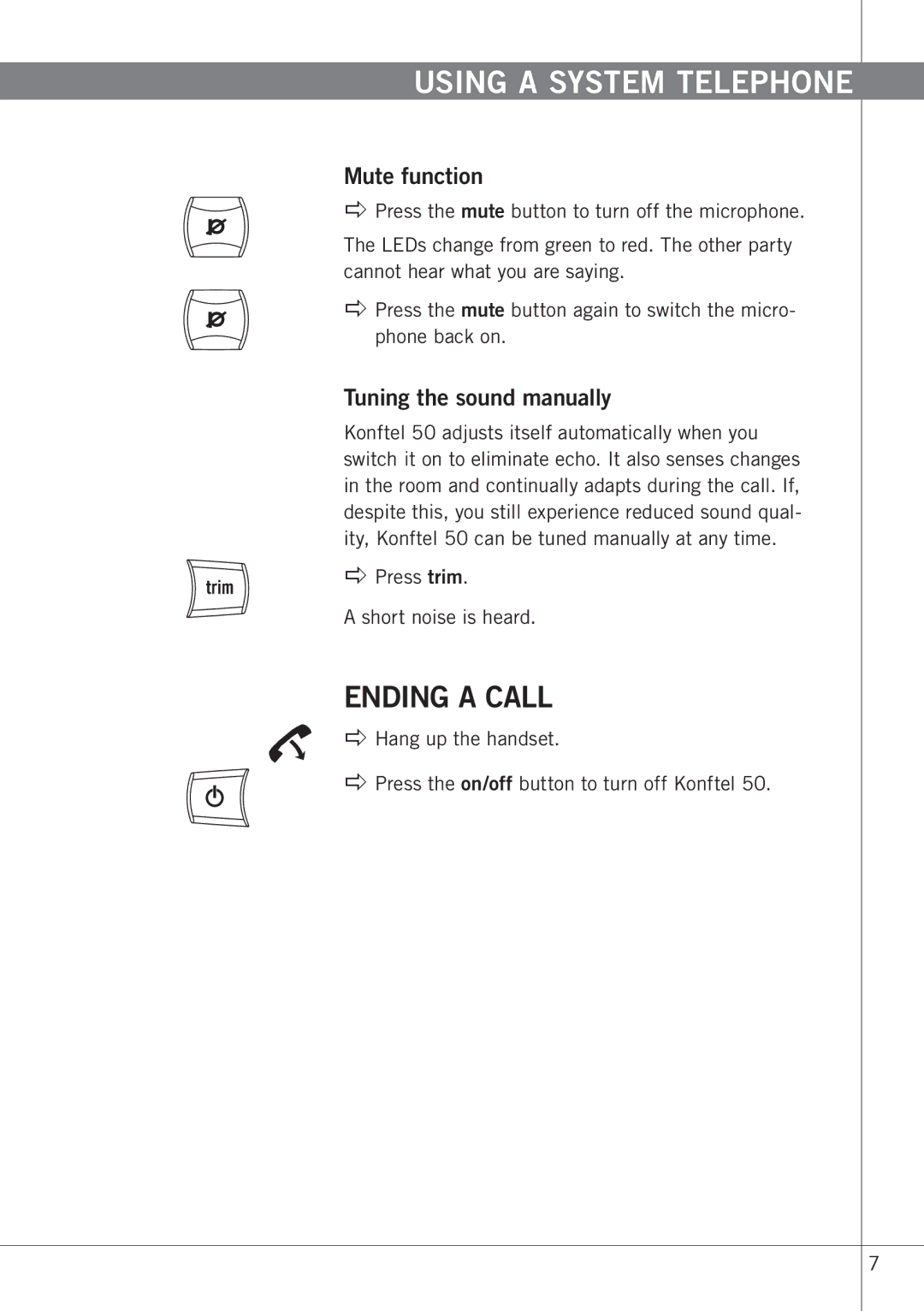 Konftel 50 Ending a call, Mute function, Tuning the sound manually 