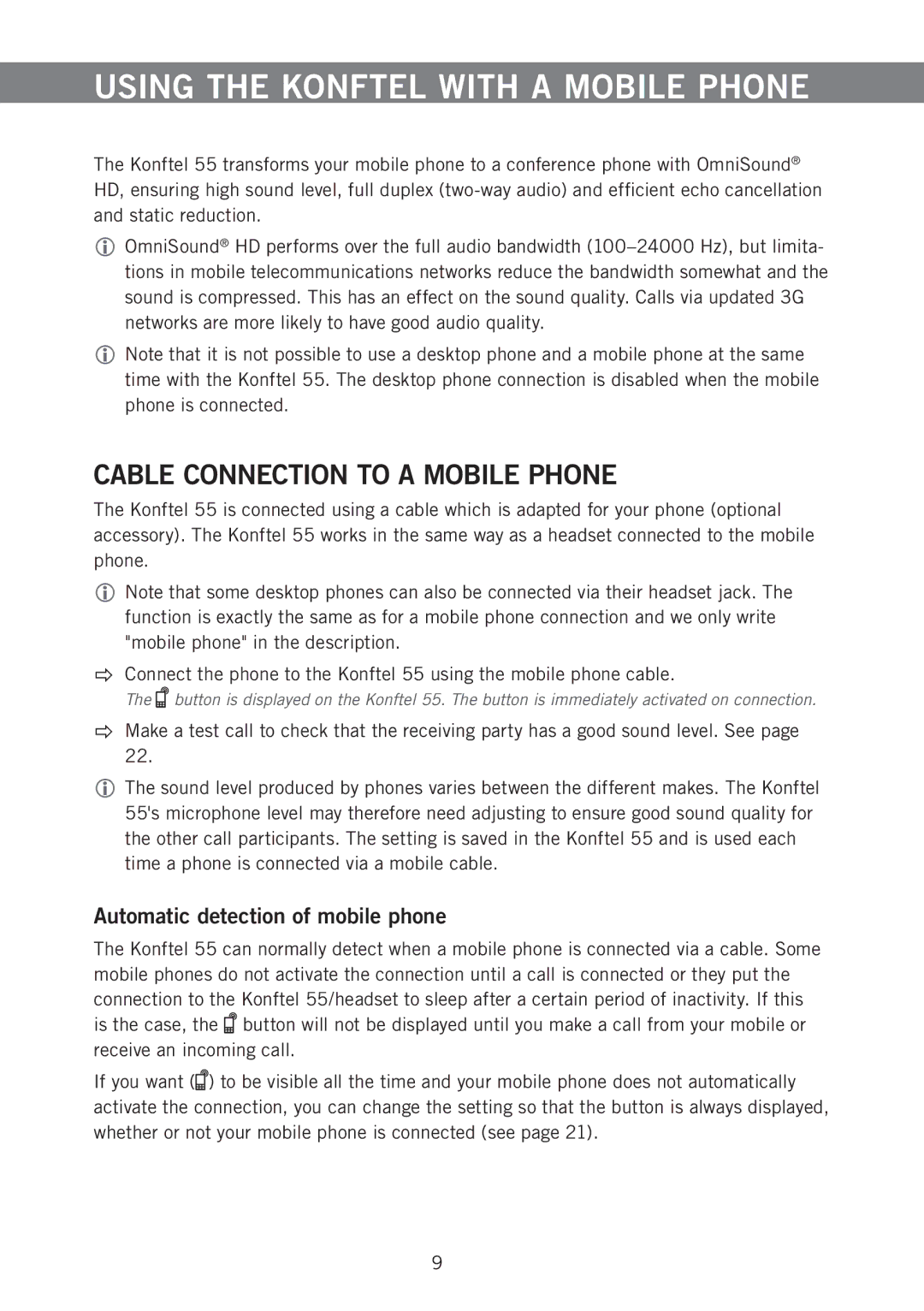 Konftel 55 Using the Konftel with a Mobile Phone, Cable Connection to a Mobile Phone, Automatic detection of mobile phone 