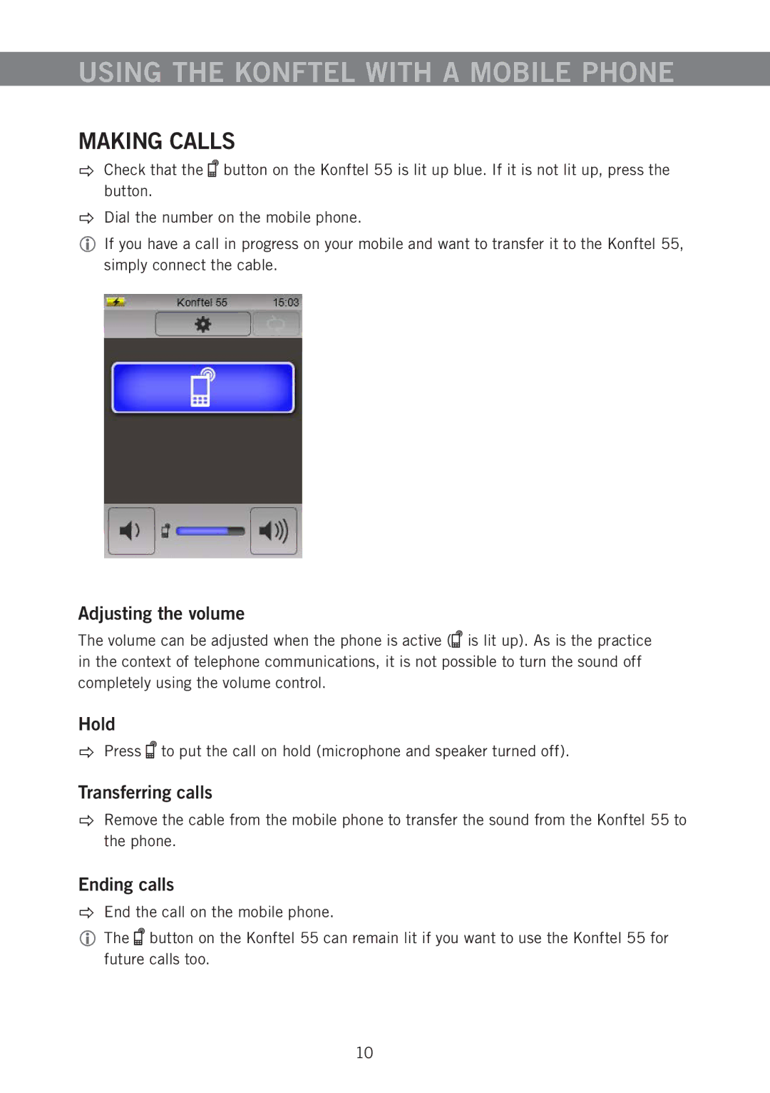 Konftel 55 manual Using the Konftel with a Mobile Phone, Hold, Transferring calls, Ending calls 