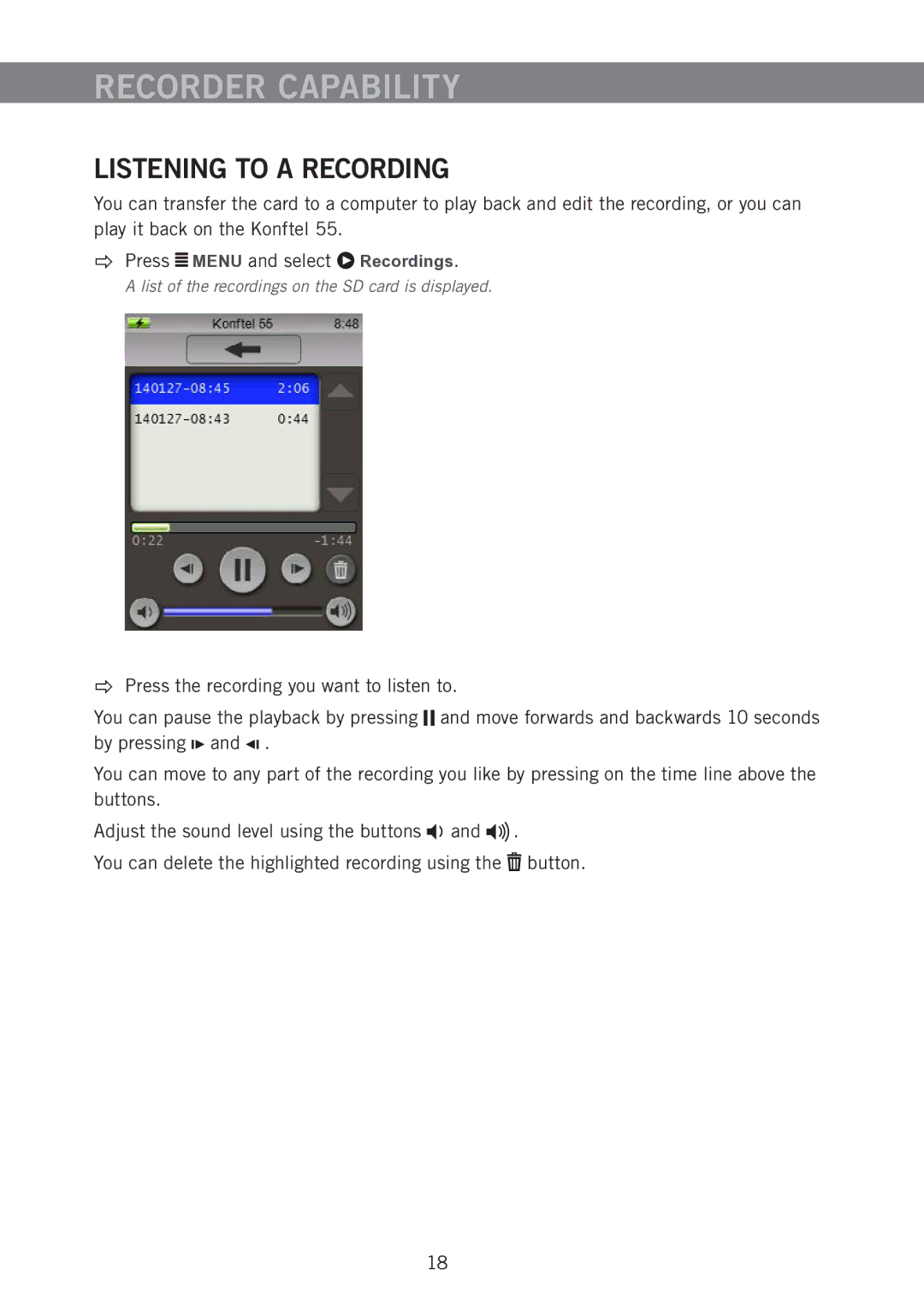 Konftel 55 manual Recorder Capability, Listening to a Recording 