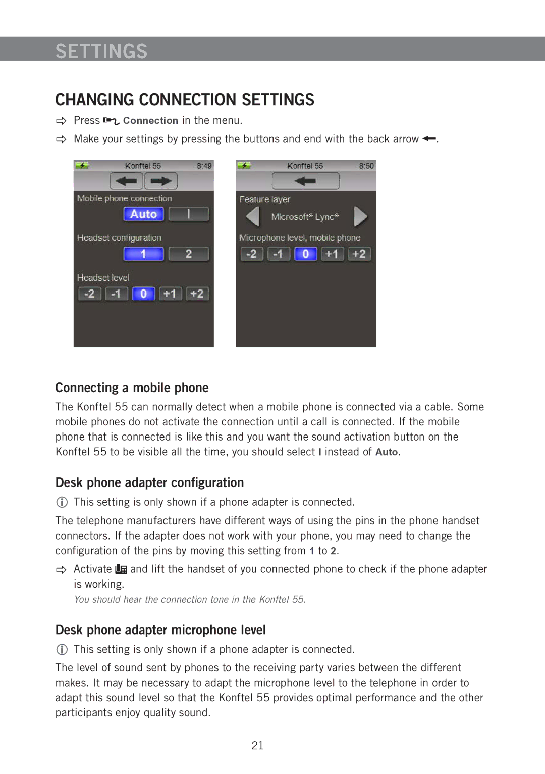 Konftel 55 manual Changing Connection Settings, Connecting a mobile phone, Desk phone adapter configuration 