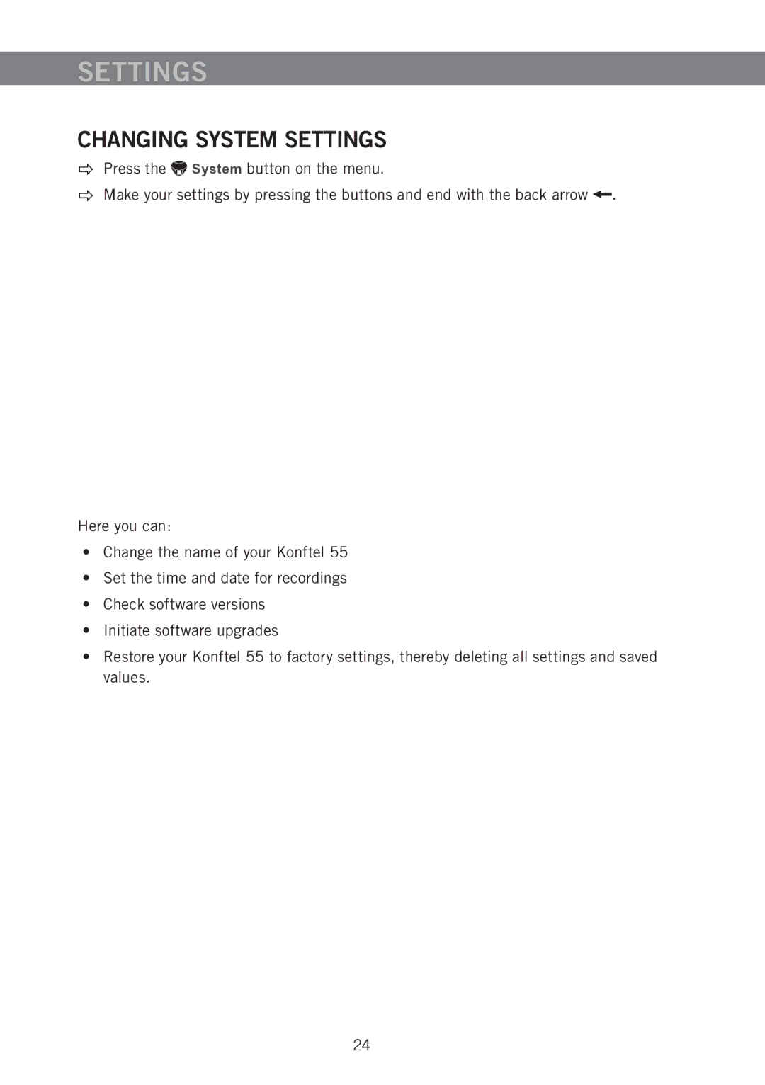 Konftel 55 manual Changing System Settings 