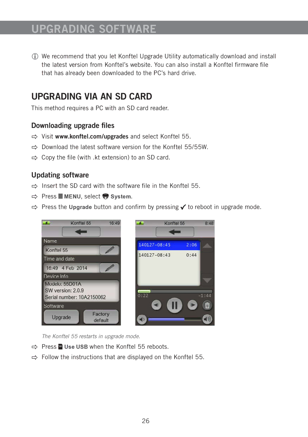 Konftel 55 manual Upgrading Software, Upgrading VIA AN SD Card, Downloading upgrade files 