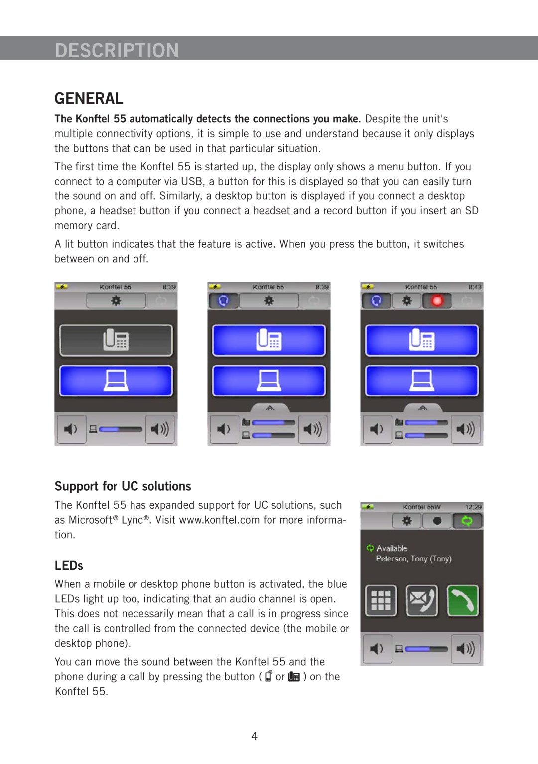 Konftel 55 manual Description, General, Support for UC solutions LEDs 