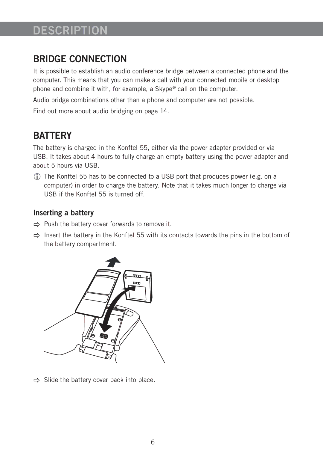 Konftel 55 manual Bridge Connection, Battery, Inserting a battery 