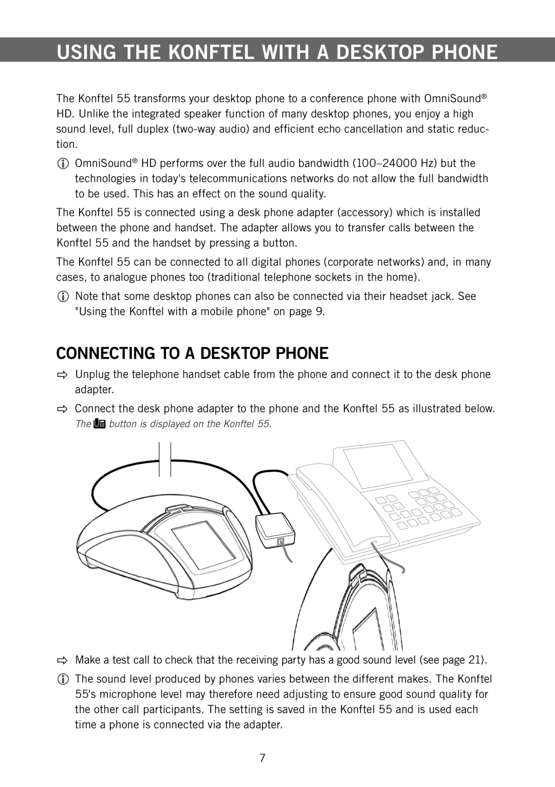 Konftel 55 manual Using the Konftel with a Desktop Phone, Connecting to a Desktop Phone 