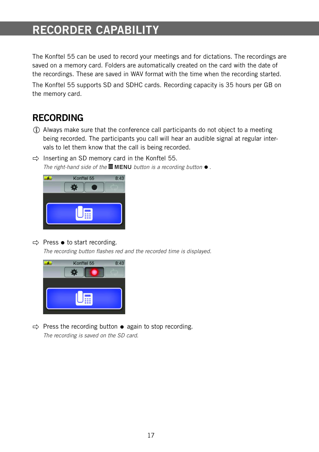 Konftel 55 manual Recorder Capability, Recording 