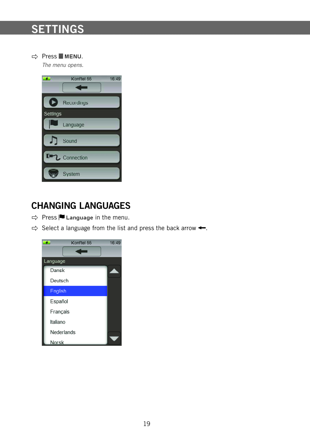 Konftel 55 manual Settings, Changing Languages 