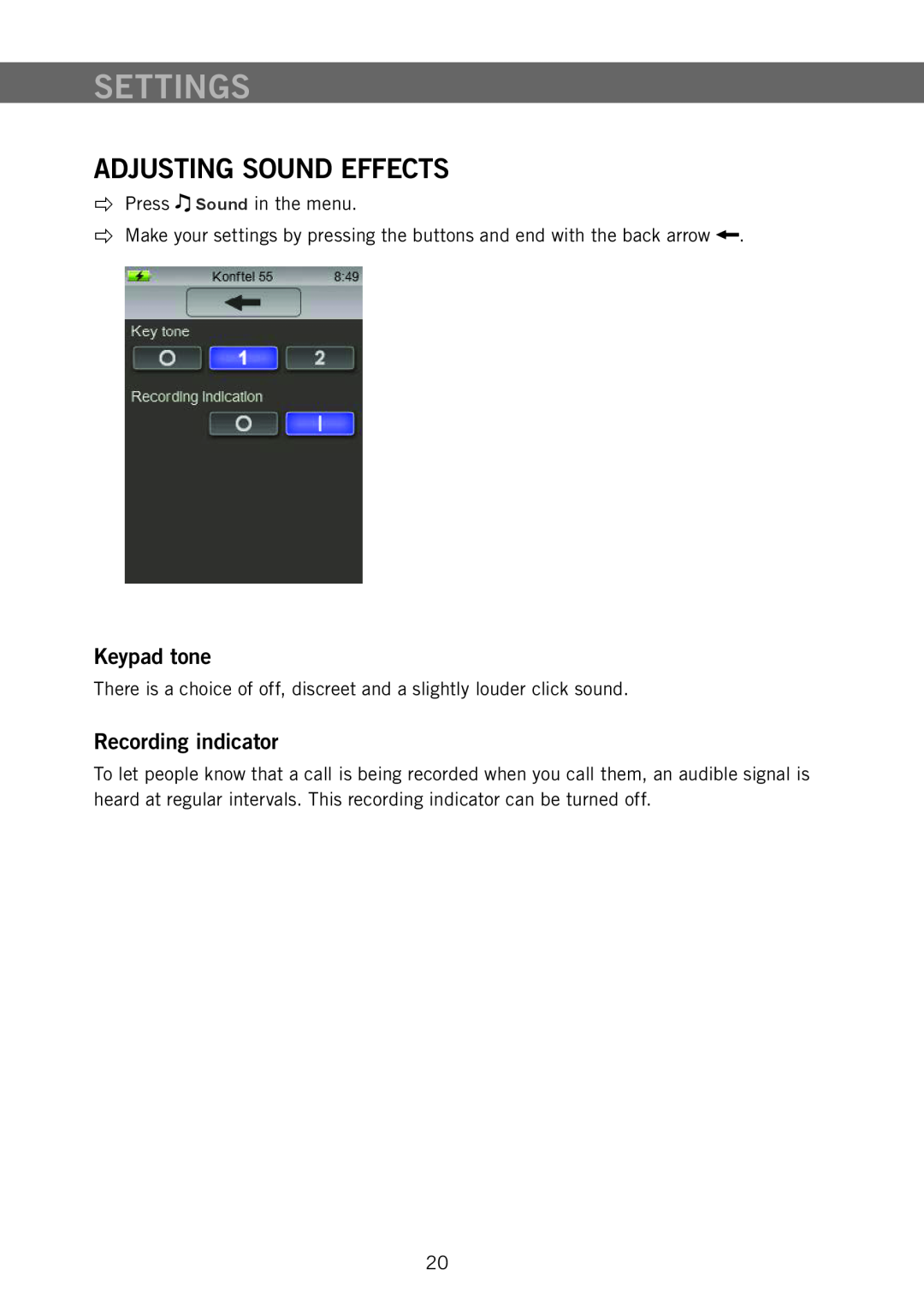 Konftel 55 manual Settings, Adjusting Sound Effects, Keypad tone, Recording indicator 