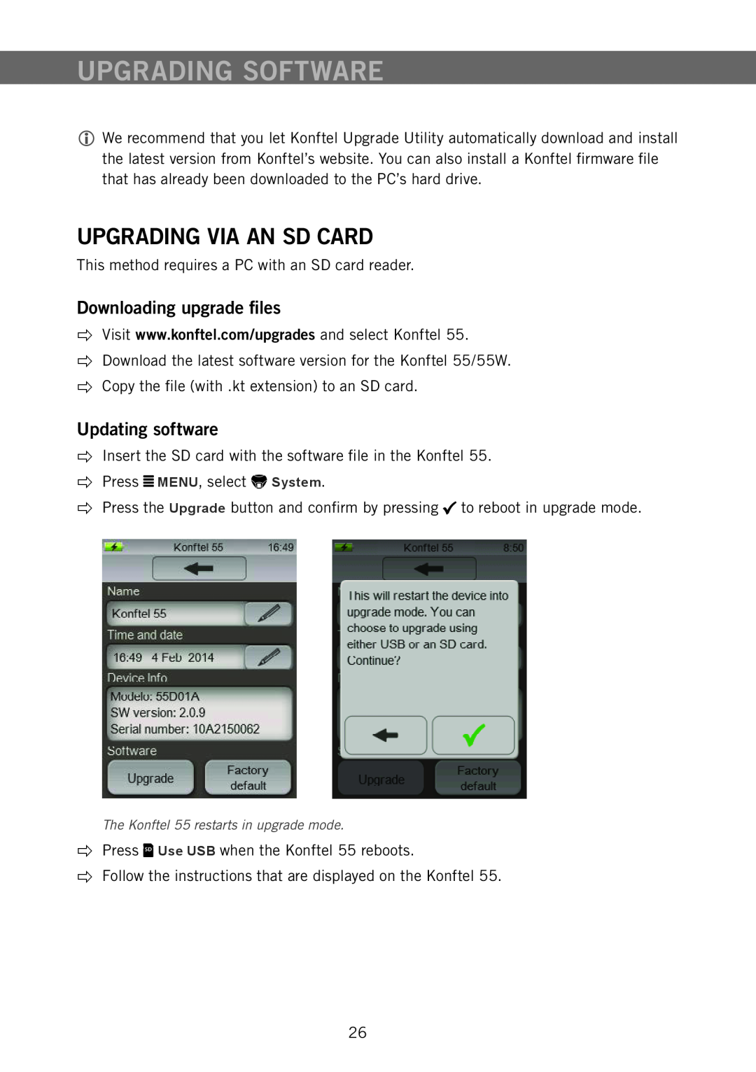 Konftel 55 manual Upgrading Software, Upgrading Via An Sd Card, Downloading upgrade files, Updating software 