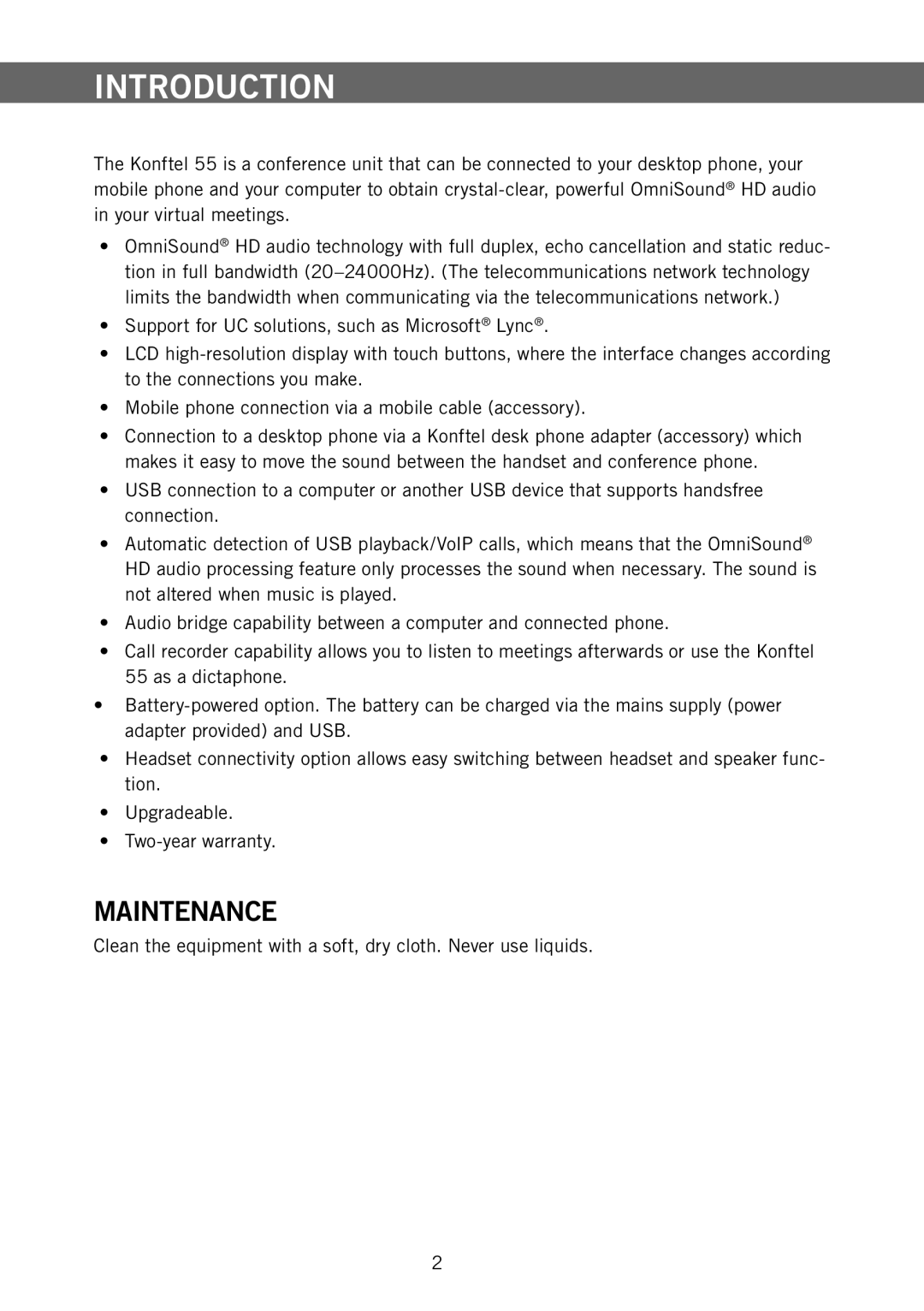 Konftel 55 manual Introduction, Maintenance 