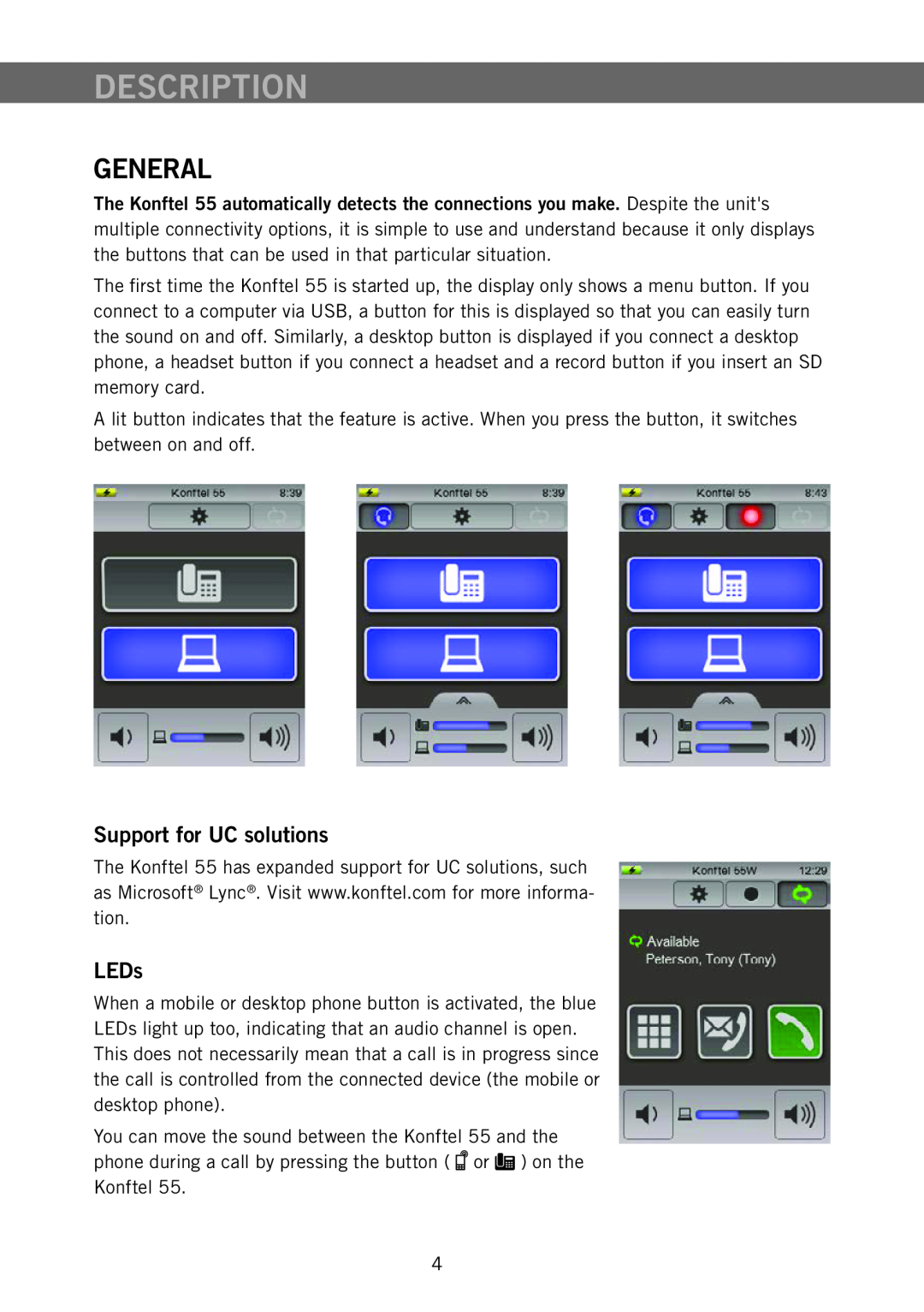 Konftel 55 manual Description, General, Support for UC solutions, LEDs 