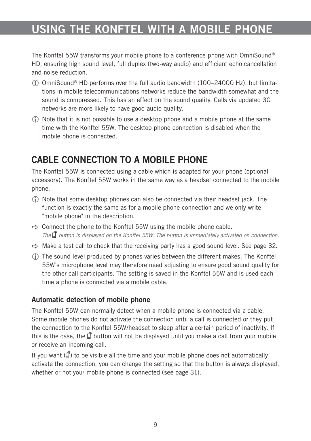 Konftel 55W Using the Konftel with a Mobile Phone, Cable Connection to a Mobile Phone, Automatic detection of mobile phone 