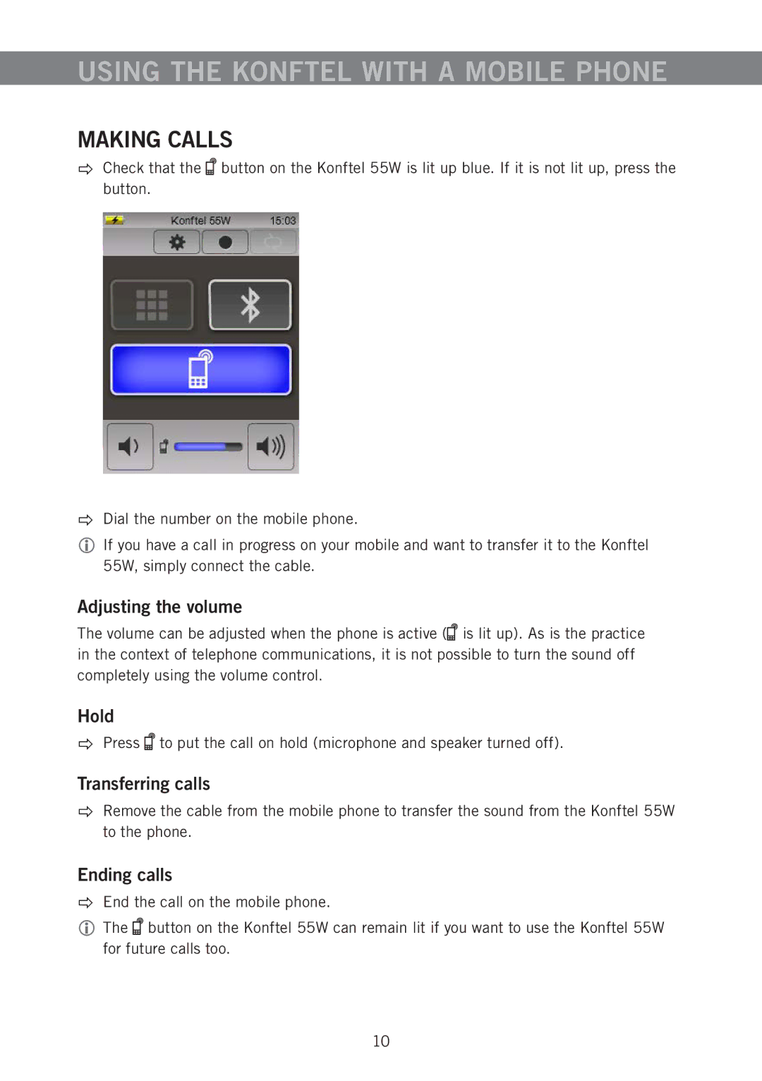 Konftel 55W manual Using the Konftel with a Mobile Phone, Hold, Transferring calls, Ending calls 