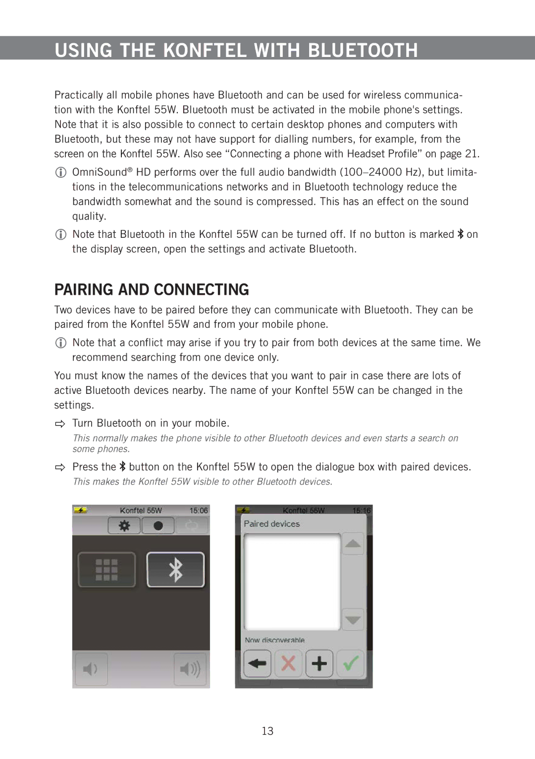 Konftel 55W manual Using the Konftel with Bluetooth, Pairing and Connecting 