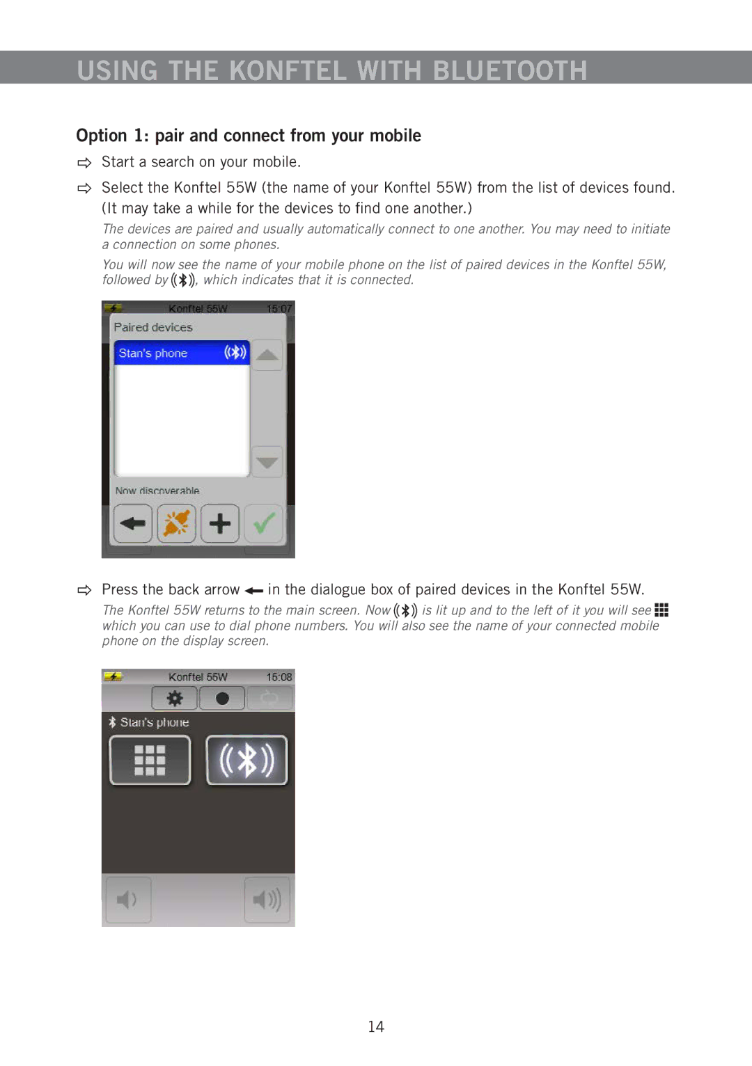 Konftel 55W manual Using the Konftel with Bluetooth, Option 1 pair and connect from your mobile 