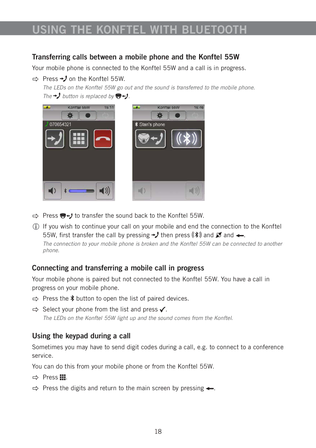 Konftel 55W manual Connecting and transferring a mobile call in progress, Using the keypad during a call 