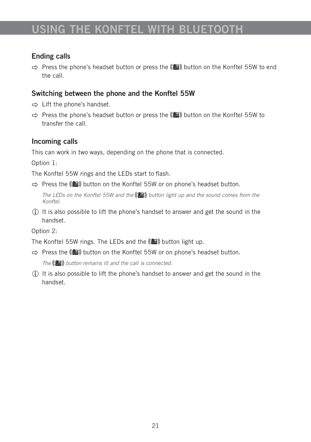 Konftel manual Switching between the phone and the Konftel 55W, Incoming calls 