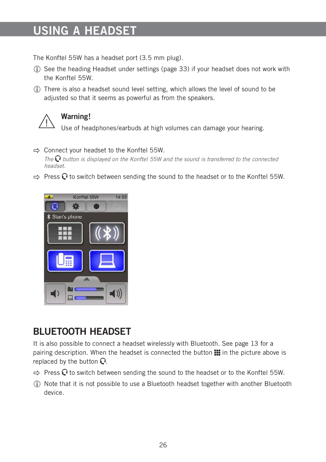 Konftel 55W manual Using a Headset, Bluetooth Headset 