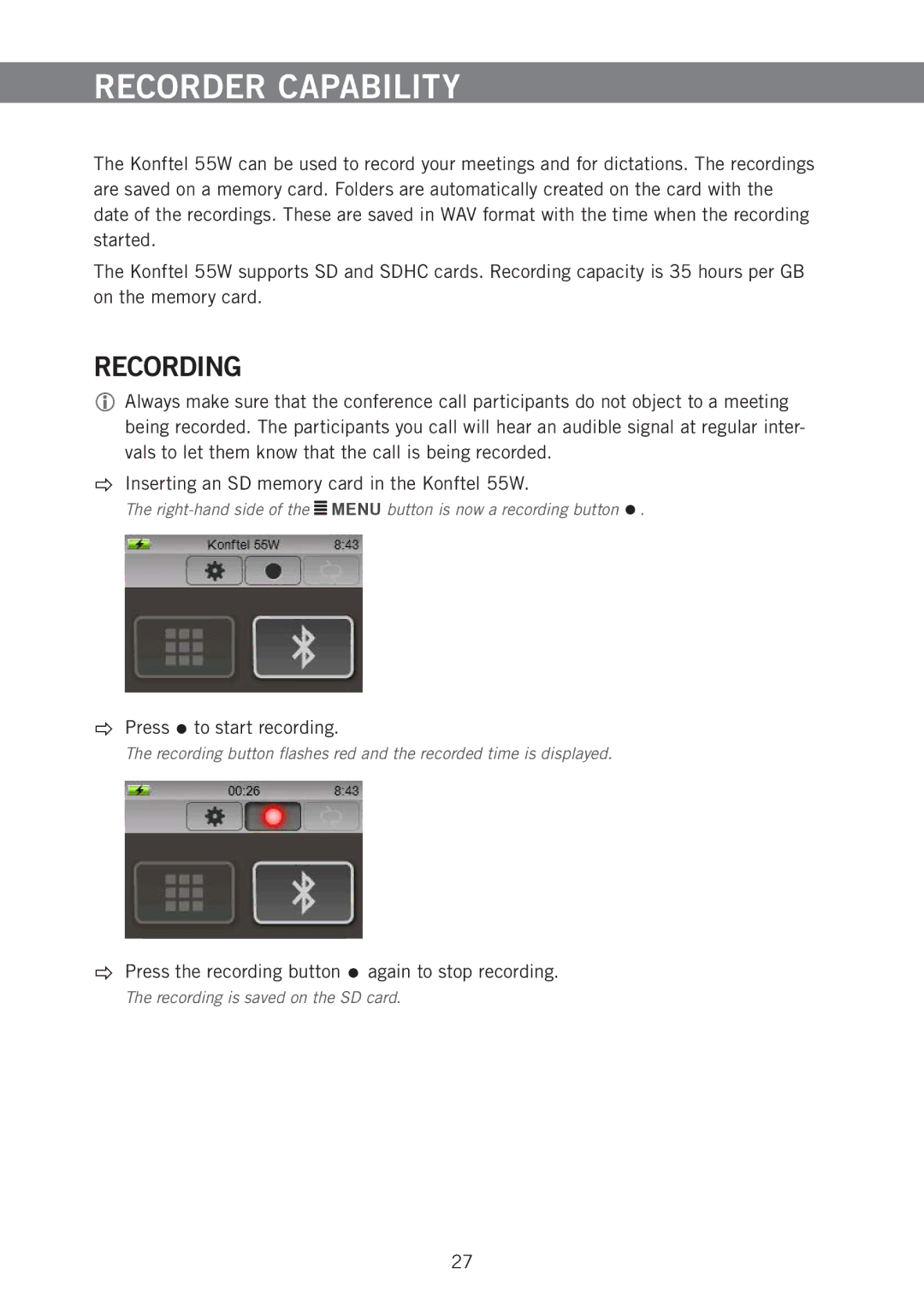 Konftel 55W manual Recorder Capability, Recording 