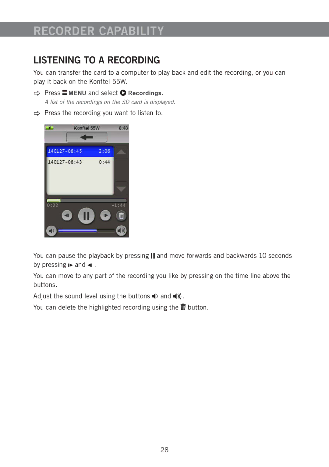 Konftel 55W manual Recorder Capability, Listening to a Recording 