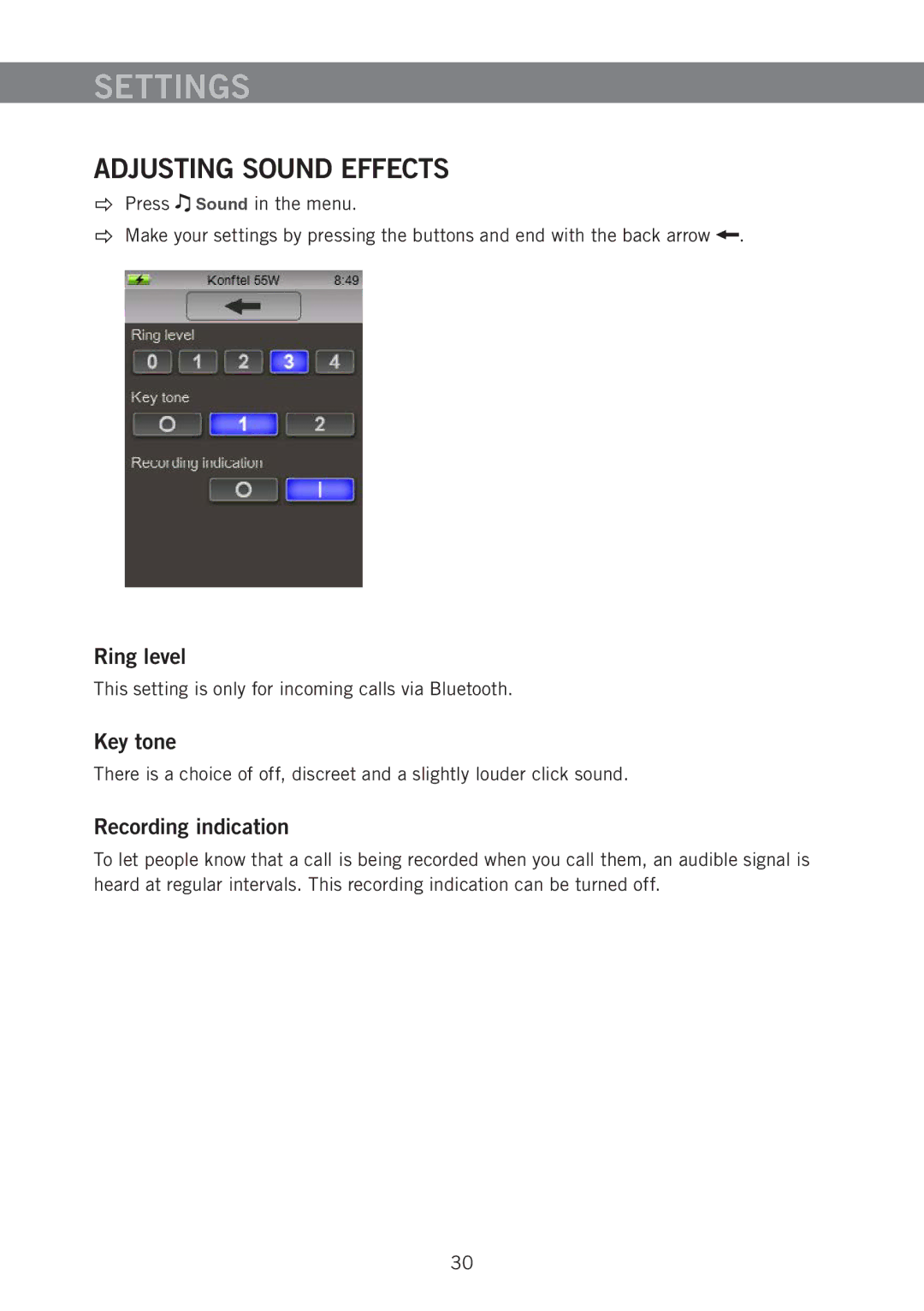 Konftel 55W manual Settings, Adjusting Sound Effects, Ring level, Key tone, Recording indication 