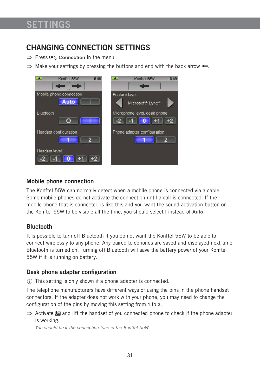 Konftel 55W manual Changing Connection Settings, Mobile phone connection, Bluetooth, Desk phone adapter configuration 