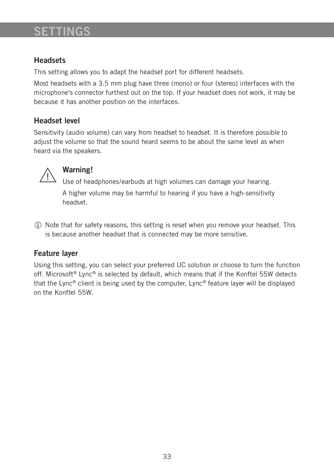 Konftel 55W manual Headsets, Headset level, Feature layer 