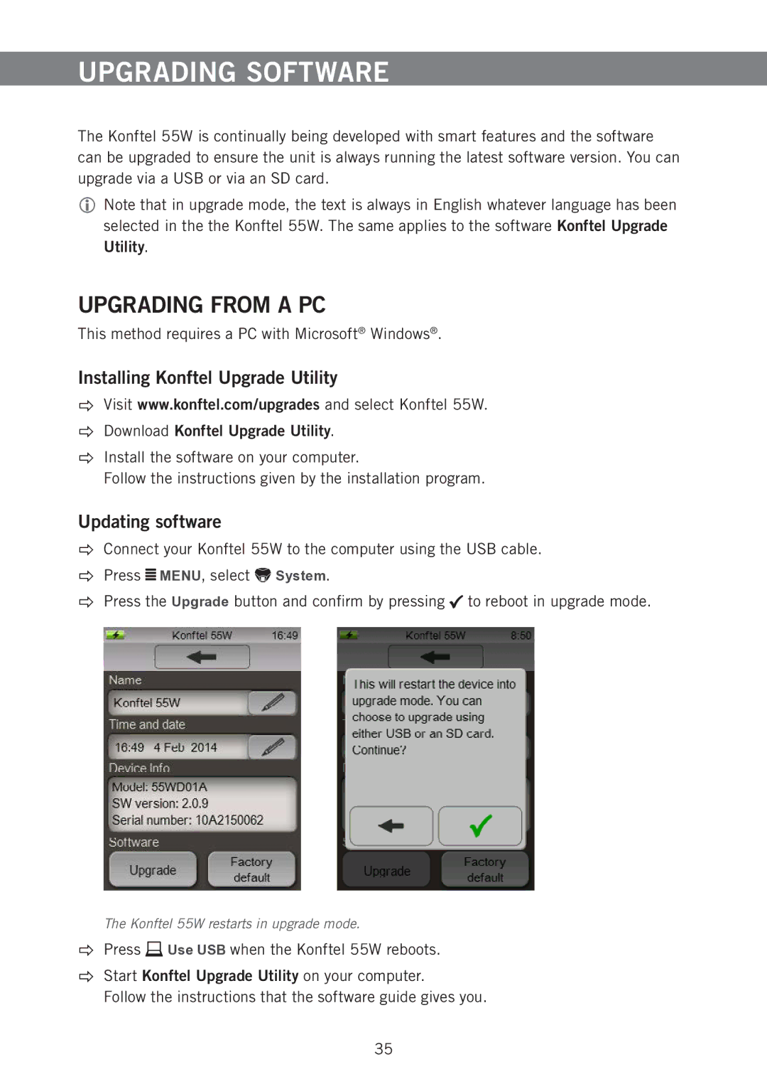 Konftel 55W manual Upgrading Software, Upgrading from a PC, Installing Konftel Upgrade Utility, Updating software 