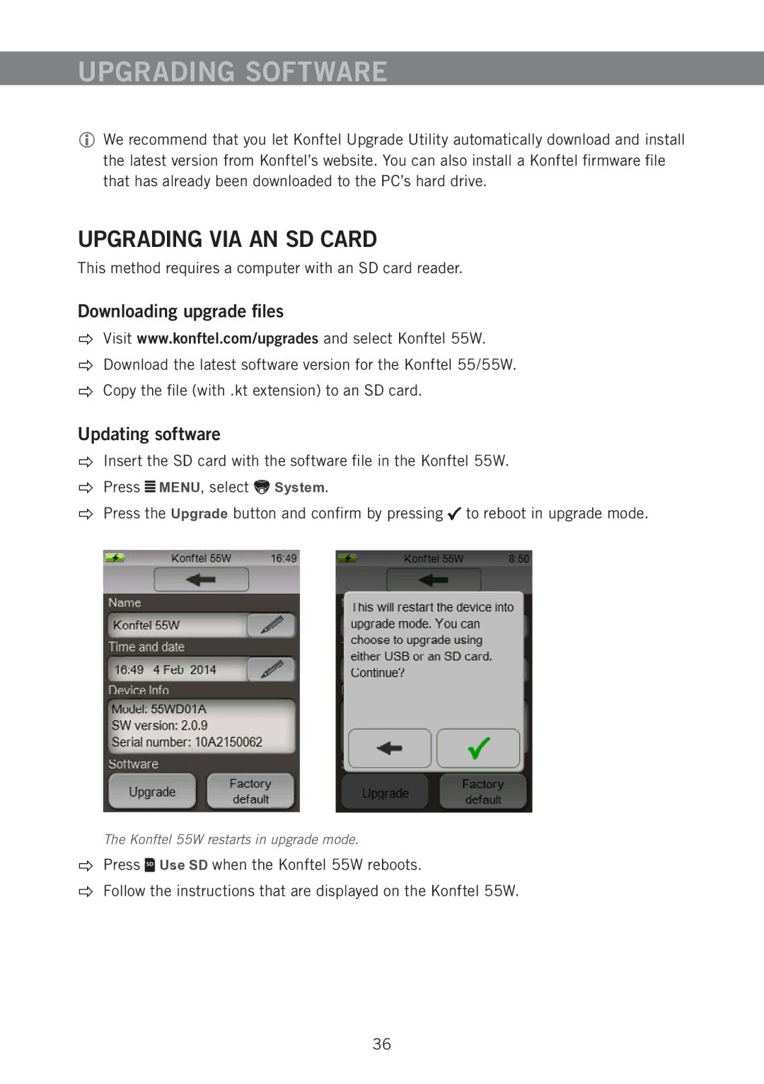 Konftel 55W manual Upgrading Software, Upgrading VIA AN SD Card, Downloading upgrade files 