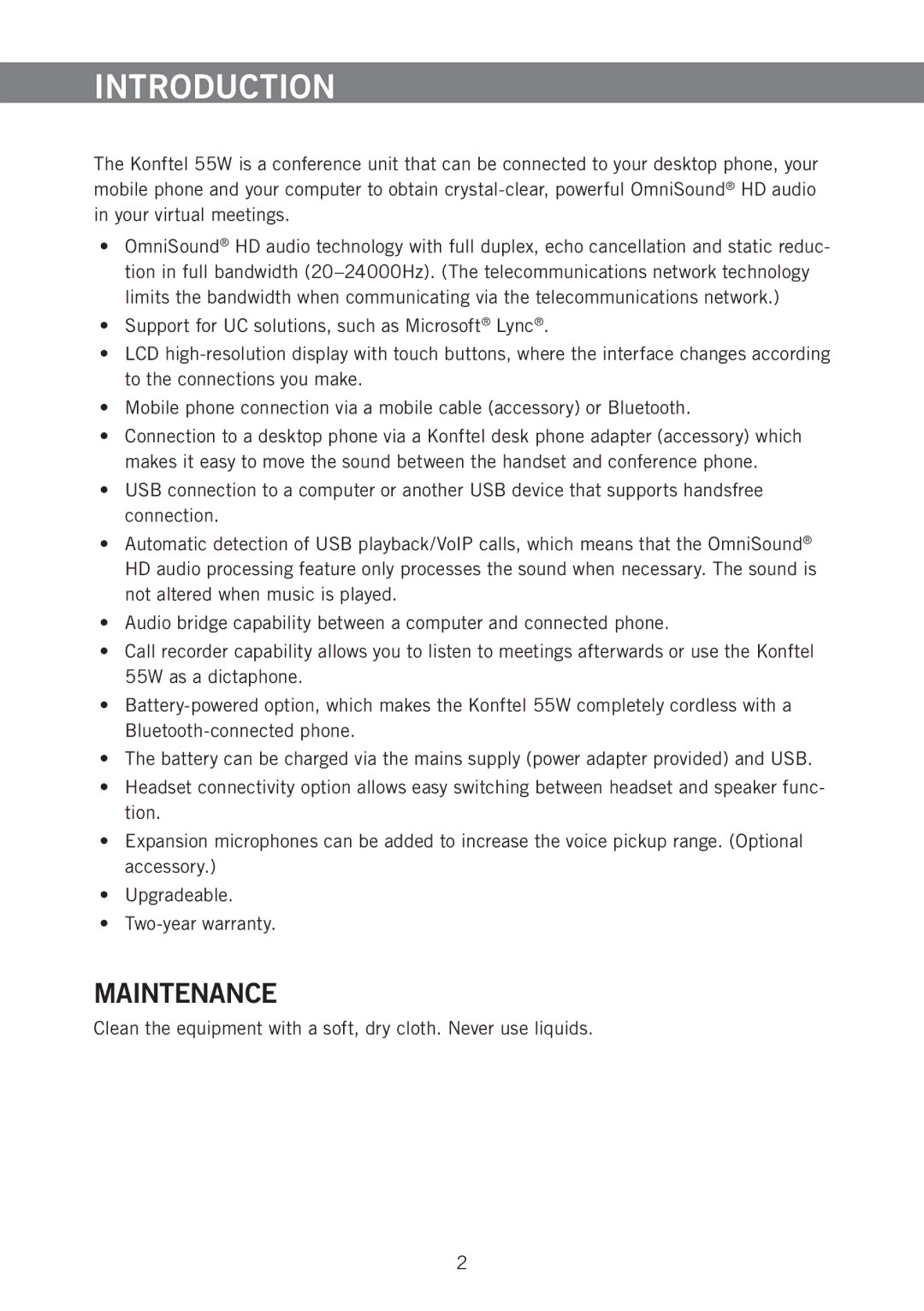 Konftel 55W manual Introduction, Maintenance 