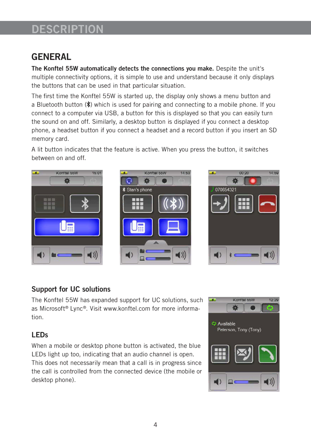 Konftel 55W manual Description, General, Support for UC solutions LEDs 
