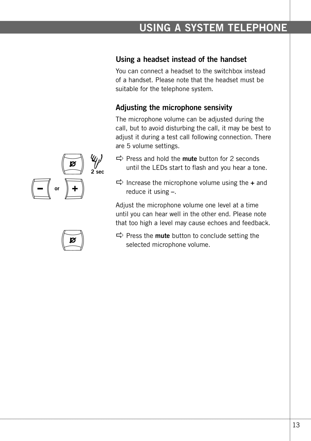 Konftel 60W manual Using a headset instead of the handset, Adjusting the microphone sensivity 
