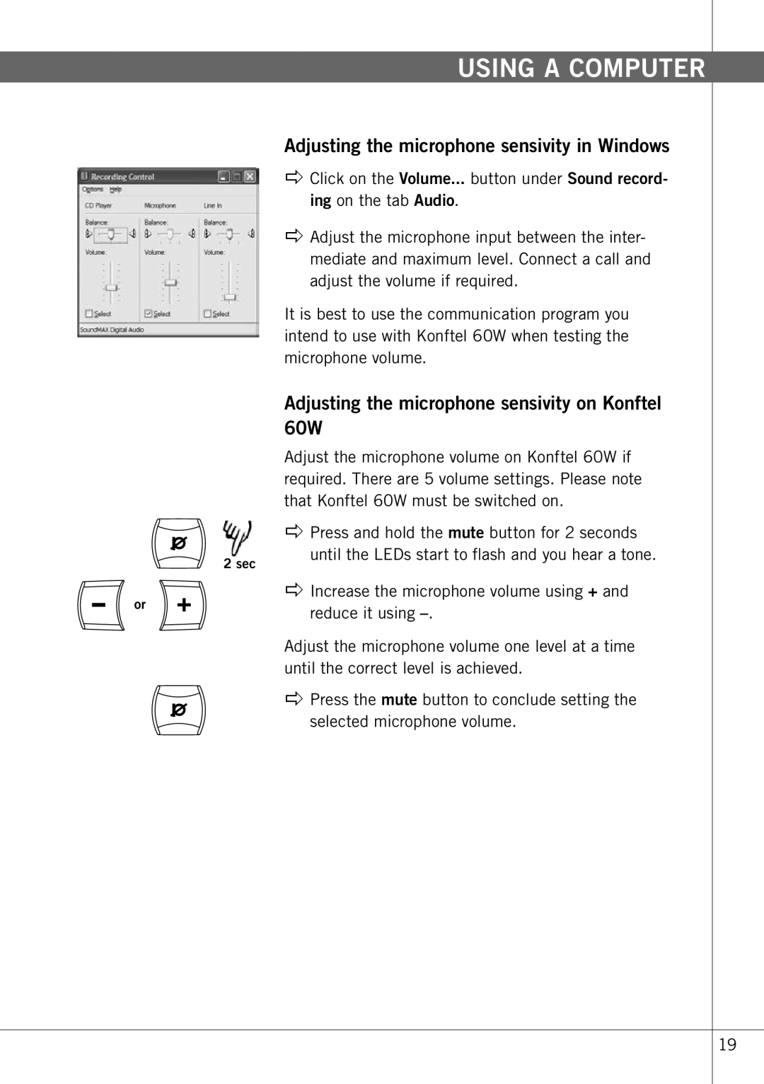 Konftel manual Adjusting the microphone sensivity in Windows, Adjusting the microphone sensivity on Konftel 60W 